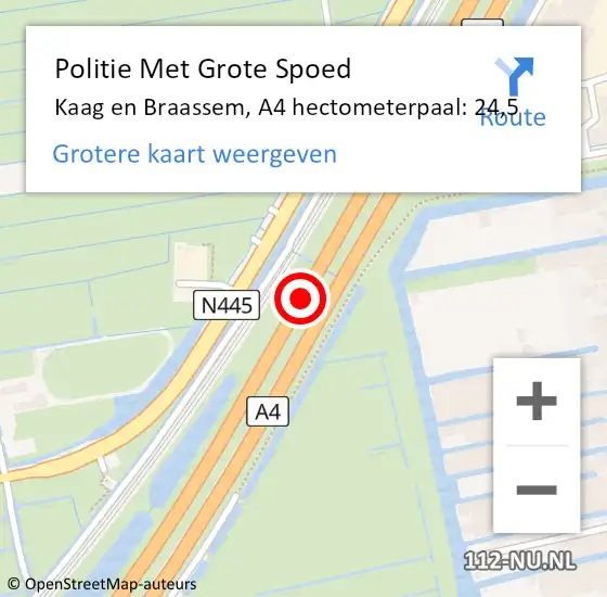 Locatie op kaart van de 112 melding: Politie Met Grote Spoed Naar Kaag en Braassem, A4 hectometerpaal: 24,5 op 23 november 2021 17:12