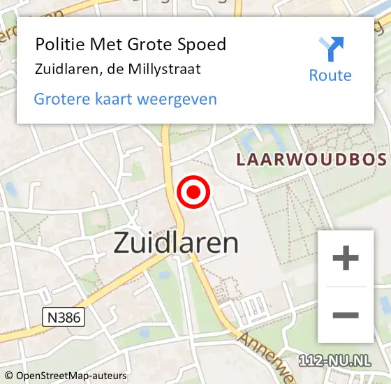 Locatie op kaart van de 112 melding: Politie Met Grote Spoed Naar Zuidlaren, de Millystraat op 23 november 2021 17:19