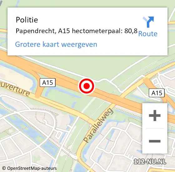 Locatie op kaart van de 112 melding: Politie Papendrecht, A15 hectometerpaal: 80,8 op 23 november 2021 17:25