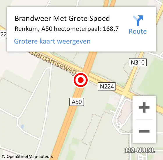 Locatie op kaart van de 112 melding: Brandweer Met Grote Spoed Naar Renkum, A50 hectometerpaal: 168,7 op 23 november 2021 17:34