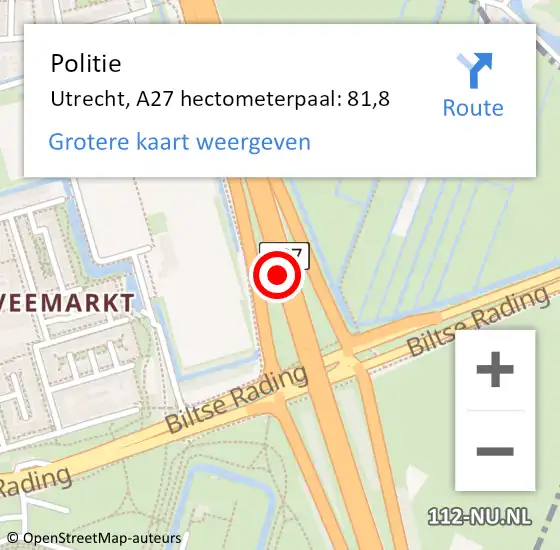 Locatie op kaart van de 112 melding: Politie Utrecht, A27 hectometerpaal: 81,8 op 23 november 2021 18:31