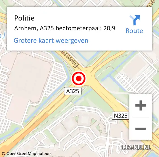 Locatie op kaart van de 112 melding: Politie Arnhem, A325 hectometerpaal: 20,9 op 23 november 2021 21:00