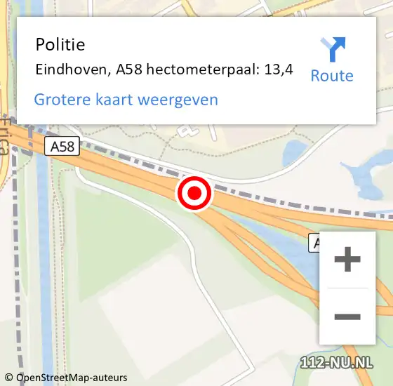 Locatie op kaart van de 112 melding: Politie Eindhoven, A58 hectometerpaal: 13,4 op 23 november 2021 22:17