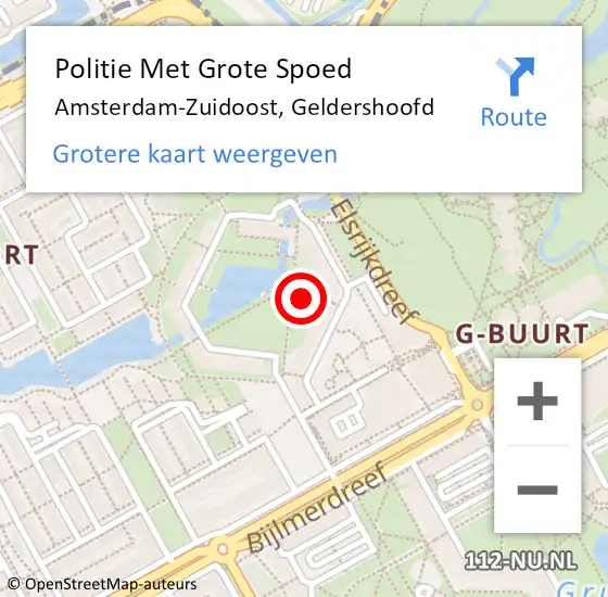 Locatie op kaart van de 112 melding: Politie Met Grote Spoed Naar Amsterdam-Zuidoost, Geldershoofd op 23 november 2021 22:37