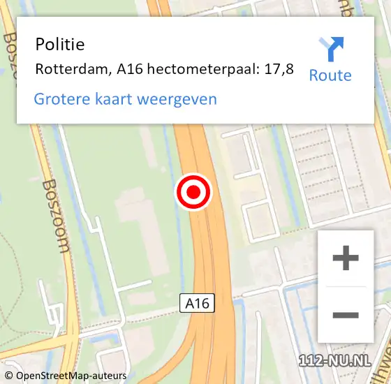 Locatie op kaart van de 112 melding: Politie Rotterdam, A16 hectometerpaal: 17,8 op 24 november 2021 07:04