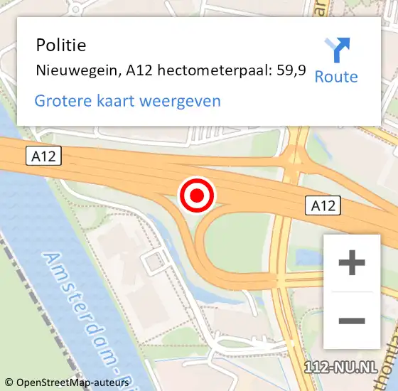 Locatie op kaart van de 112 melding: Politie Nieuwegein, A12 hectometerpaal: 59,9 op 24 november 2021 08:46