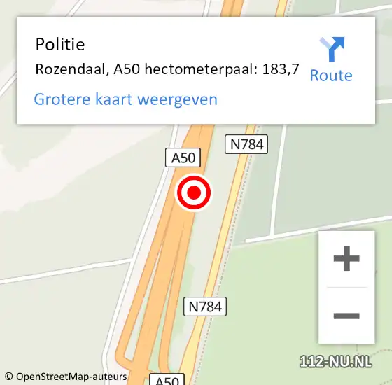 Locatie op kaart van de 112 melding: Politie Rozendaal, A50 hectometerpaal: 183,7 op 24 november 2021 13:41