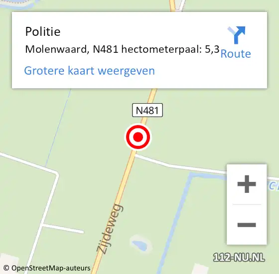 Locatie op kaart van de 112 melding: Politie Molenwaard, N481 hectometerpaal: 5,3 op 24 november 2021 17:00