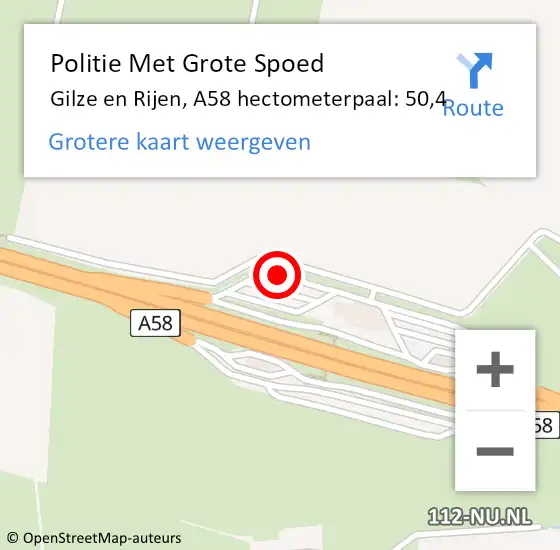 Locatie op kaart van de 112 melding: Politie Met Grote Spoed Naar Gilze en Rijen, A58 hectometerpaal: 50,4 op 24 november 2021 17:53