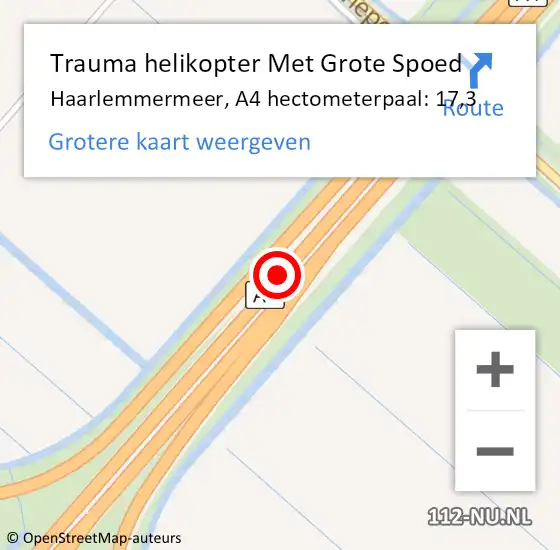 Locatie op kaart van de 112 melding: Trauma helikopter Met Grote Spoed Naar Haarlemmermeer, A4 hectometerpaal: 17,3 op 24 november 2021 19:54