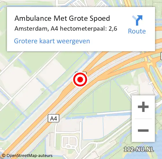 Locatie op kaart van de 112 melding: Ambulance Met Grote Spoed Naar Amsterdam, A4 hectometerpaal: 2,6 op 24 november 2021 20:04