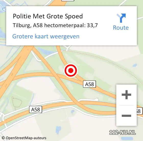 Locatie op kaart van de 112 melding: Politie Met Grote Spoed Naar Tilburg, A58 hectometerpaal: 33,7 op 24 november 2021 20:19