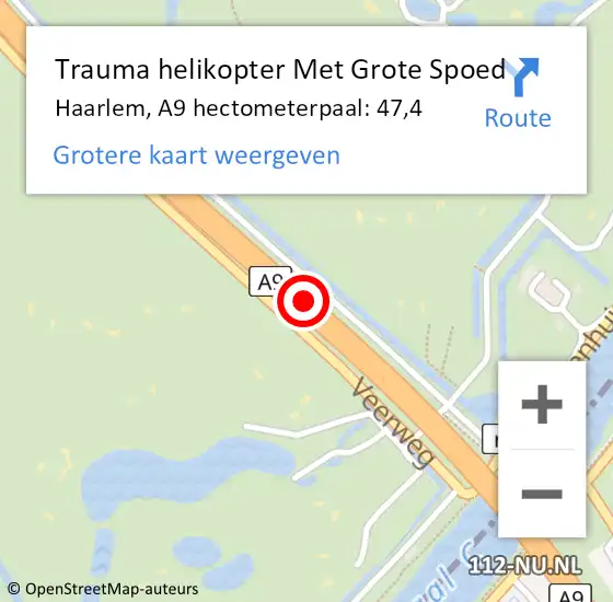 Locatie op kaart van de 112 melding: Trauma helikopter Met Grote Spoed Naar Haarlem, A9 hectometerpaal: 47,4 op 25 november 2021 07:29