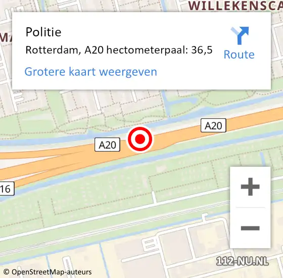 Locatie op kaart van de 112 melding: Politie Rotterdam, A20 hectometerpaal: 36,5 op 25 november 2021 08:04