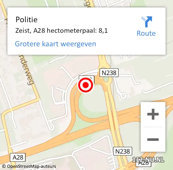 Locatie op kaart van de 112 melding: Politie Zeist, A28 hectometerpaal: 8,1 op 25 november 2021 12:58