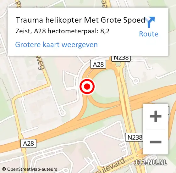 Locatie op kaart van de 112 melding: Trauma helikopter Met Grote Spoed Naar Zeist, A28 hectometerpaal: 8,2 op 25 november 2021 13:00