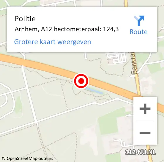 Locatie op kaart van de 112 melding: Politie Arnhem, A12 hectometerpaal: 124,3 op 25 november 2021 14:04