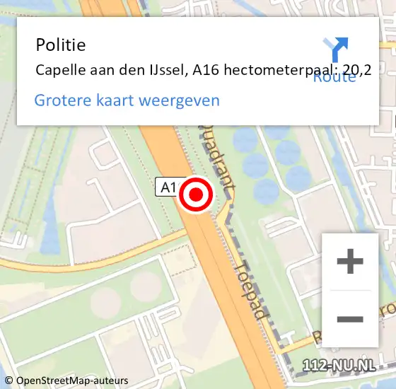 Locatie op kaart van de 112 melding: Politie Rotterdam, A16 hectometerpaal: 20,2 op 25 november 2021 14:15