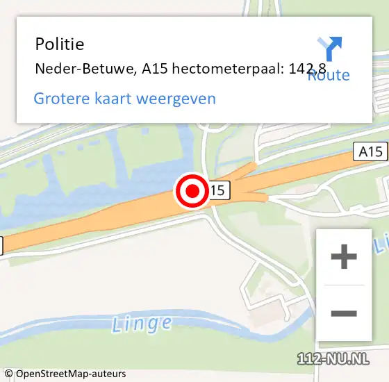 Locatie op kaart van de 112 melding: Politie Neder-Betuwe, A15 hectometerpaal: 142,8 op 25 november 2021 14:59
