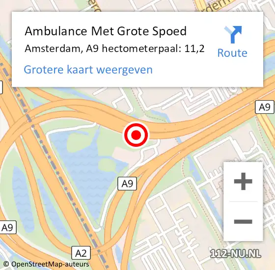 Locatie op kaart van de 112 melding: Ambulance Met Grote Spoed Naar Amsterdam, A9 hectometerpaal: 11,2 op 25 november 2021 15:42