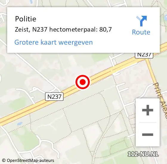 Locatie op kaart van de 112 melding: Politie Zeist, N237 hectometerpaal: 80,7 op 25 november 2021 16:20