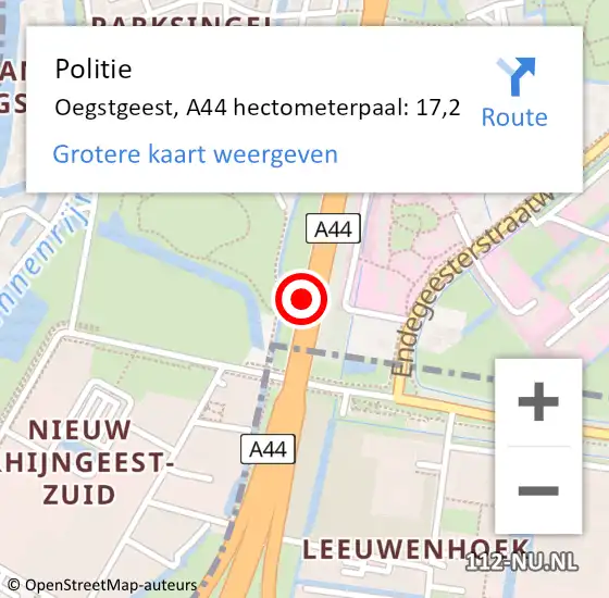 Locatie op kaart van de 112 melding: Politie Oegstgeest, A44 hectometerpaal: 17,2 op 25 november 2021 16:45