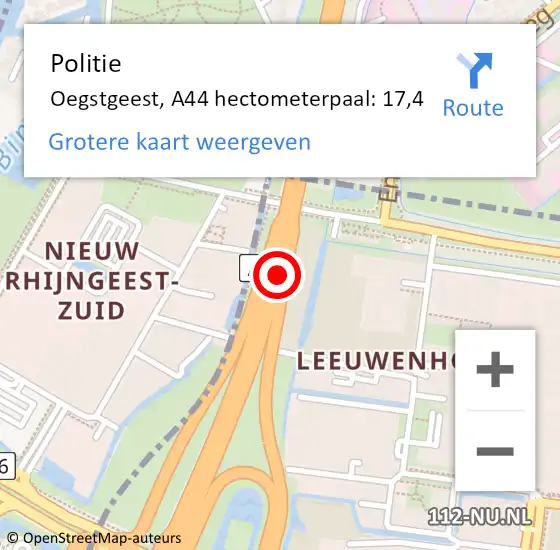 Locatie op kaart van de 112 melding: Politie Oegstgeest, A44 hectometerpaal: 17,4 op 25 november 2021 16:49