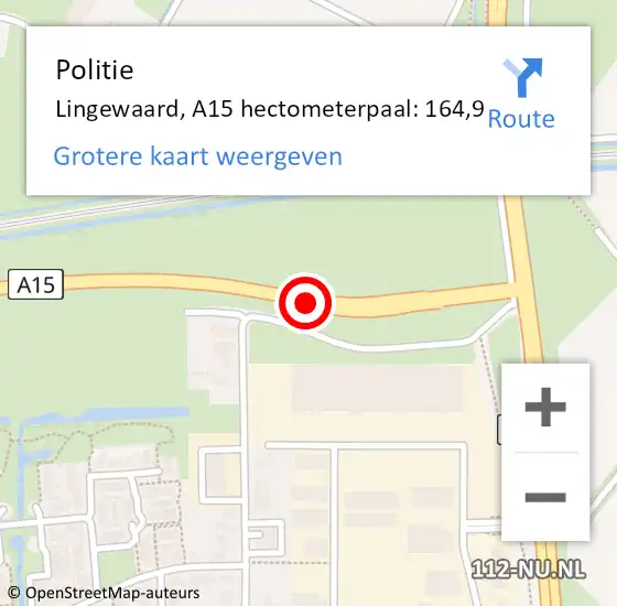 Locatie op kaart van de 112 melding: Politie Lingewaard, A15 hectometerpaal: 164,9 op 25 november 2021 17:28