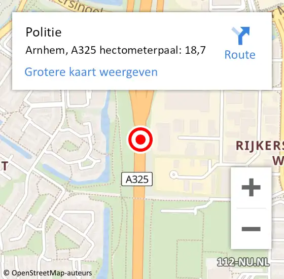 Locatie op kaart van de 112 melding: Politie Arnhem, A325 hectometerpaal: 18,7 op 25 november 2021 17:41