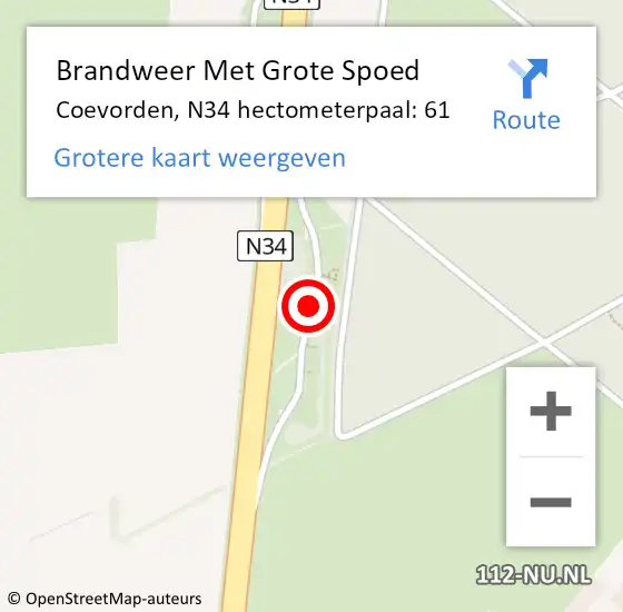 Locatie op kaart van de 112 melding: Brandweer Met Grote Spoed Naar Coevorden, N34 hectometerpaal: 61 op 25 november 2021 19:09