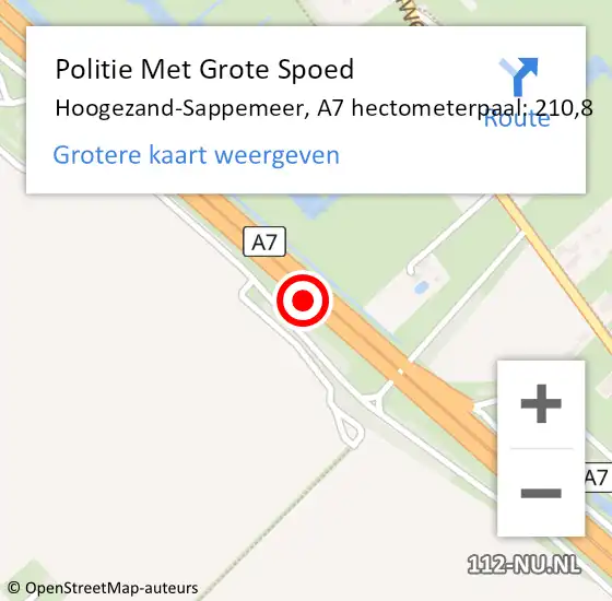 Locatie op kaart van de 112 melding: Politie Met Grote Spoed Naar Hoogezand-Sappemeer, A7 hectometerpaal: 210,8 op 25 november 2021 20:37