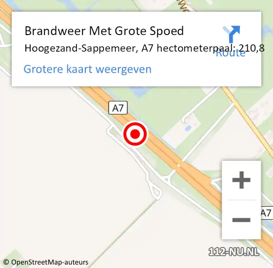 Locatie op kaart van de 112 melding: Brandweer Met Grote Spoed Naar Hoogezand-Sappemeer, A7 hectometerpaal: 210,8 op 25 november 2021 20:39