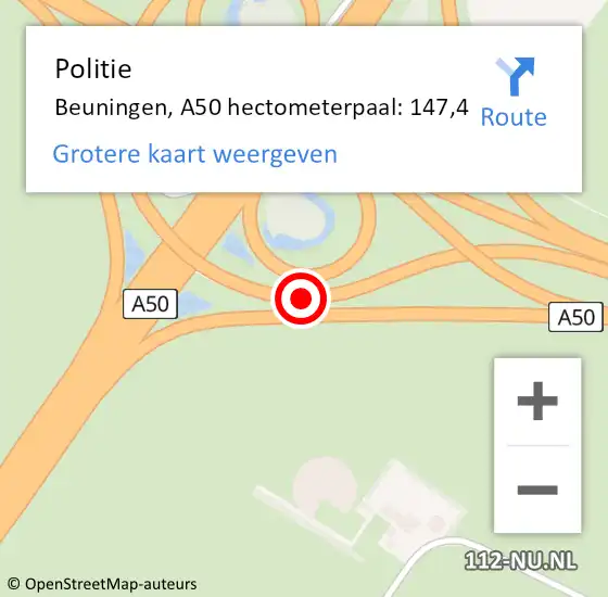 Locatie op kaart van de 112 melding: Politie Beuningen, A50 hectometerpaal: 147,4 op 25 november 2021 20:54
