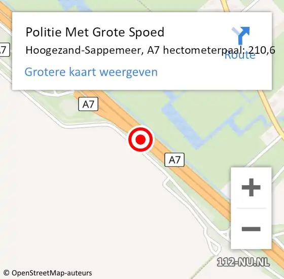 Locatie op kaart van de 112 melding: Politie Met Grote Spoed Naar Hoogezand-Sappemeer, A7 hectometerpaal: 210,6 op 25 november 2021 21:27