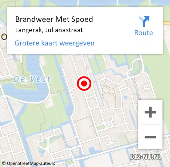 Locatie op kaart van de 112 melding: Brandweer Met Spoed Naar Langerak, Julianastraat op 25 november 2021 22:57