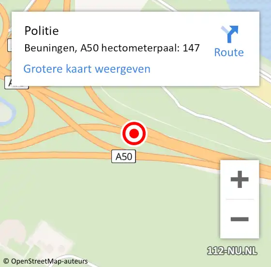 Locatie op kaart van de 112 melding: Politie Beuningen, A50 hectometerpaal: 147 op 26 november 2021 08:23