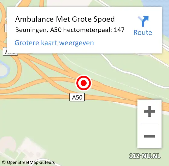 Locatie op kaart van de 112 melding: Ambulance Met Grote Spoed Naar Beuningen, A50 hectometerpaal: 147 op 26 november 2021 08:24