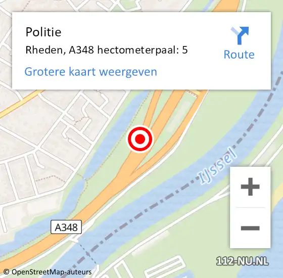 Locatie op kaart van de 112 melding: Politie Rheden, A348 hectometerpaal: 5 op 26 november 2021 14:01