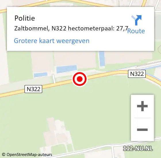 Locatie op kaart van de 112 melding: Politie Zaltbommel, N322 hectometerpaal: 27,7 op 26 november 2021 14:07