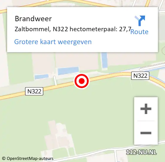 Locatie op kaart van de 112 melding: Brandweer Zaltbommel, N322 hectometerpaal: 27,7 op 26 november 2021 14:12
