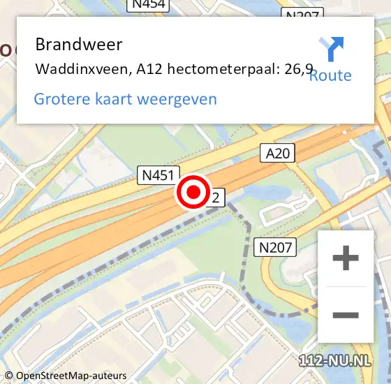 Locatie op kaart van de 112 melding: Brandweer Waddinxveen, A12 hectometerpaal: 26,9 op 26 november 2021 15:39