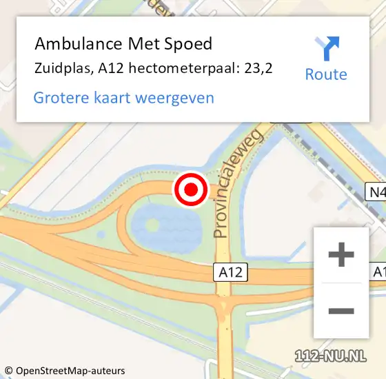 Locatie op kaart van de 112 melding: Ambulance Met Spoed Naar Zuidplas, A12 hectometerpaal: 23,2 op 26 november 2021 16:17