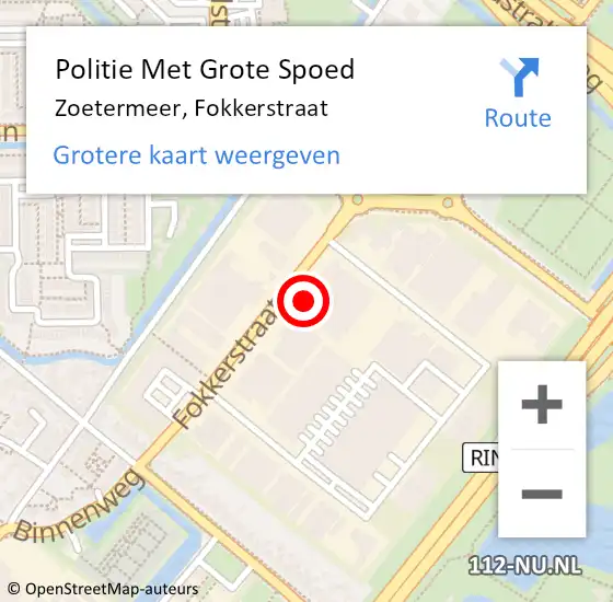 Locatie op kaart van de 112 melding: Politie Met Grote Spoed Naar Zoetermeer, Fokkerstraat op 26 november 2021 16:40