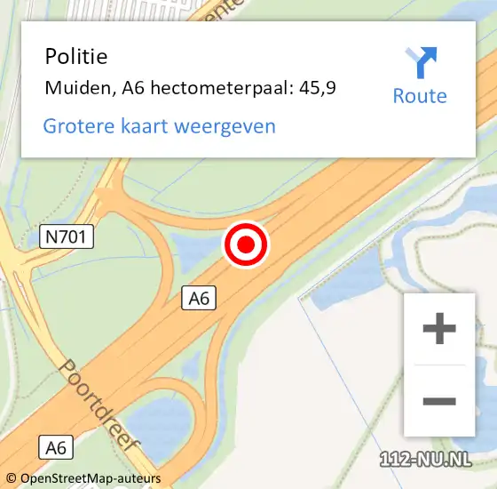 Locatie op kaart van de 112 melding: Politie Muiden, A6 hectometerpaal: 45,9 op 26 november 2021 16:44