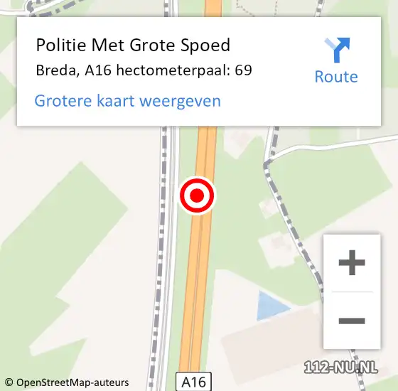 Locatie op kaart van de 112 melding: Politie Met Grote Spoed Naar Breda, A16 hectometerpaal: 69 op 26 november 2021 16:47