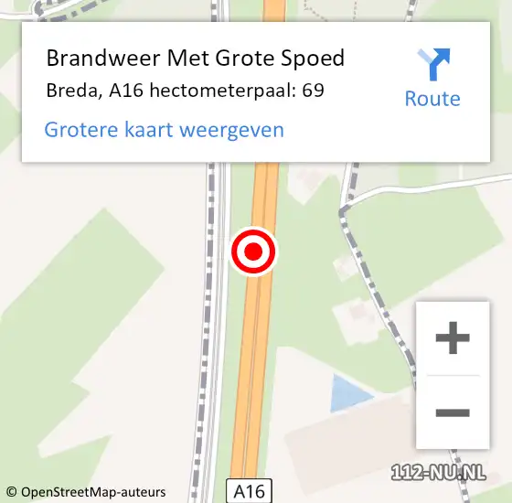 Locatie op kaart van de 112 melding: Brandweer Met Grote Spoed Naar Breda, A16 hectometerpaal: 69 op 26 november 2021 16:48