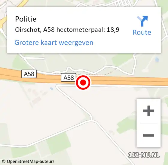 Locatie op kaart van de 112 melding: Politie Oirschot, A58 hectometerpaal: 18,9 op 26 november 2021 16:51