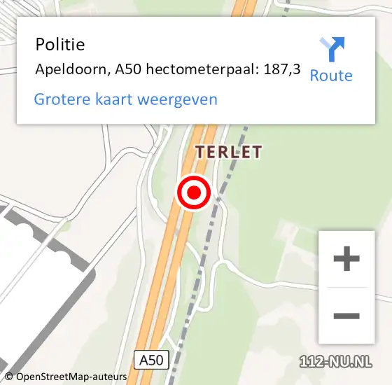 Locatie op kaart van de 112 melding: Politie Apeldoorn, A50 hectometerpaal: 187,3 op 26 november 2021 17:00