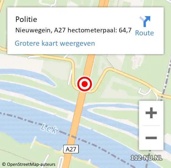 Locatie op kaart van de 112 melding: Politie Nieuwegein, A27 hectometerpaal: 64,7 op 26 november 2021 17:30