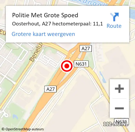 Locatie op kaart van de 112 melding: Politie Met Grote Spoed Naar Oosterhout, A27 hectometerpaal: 11,1 op 26 november 2021 17:45